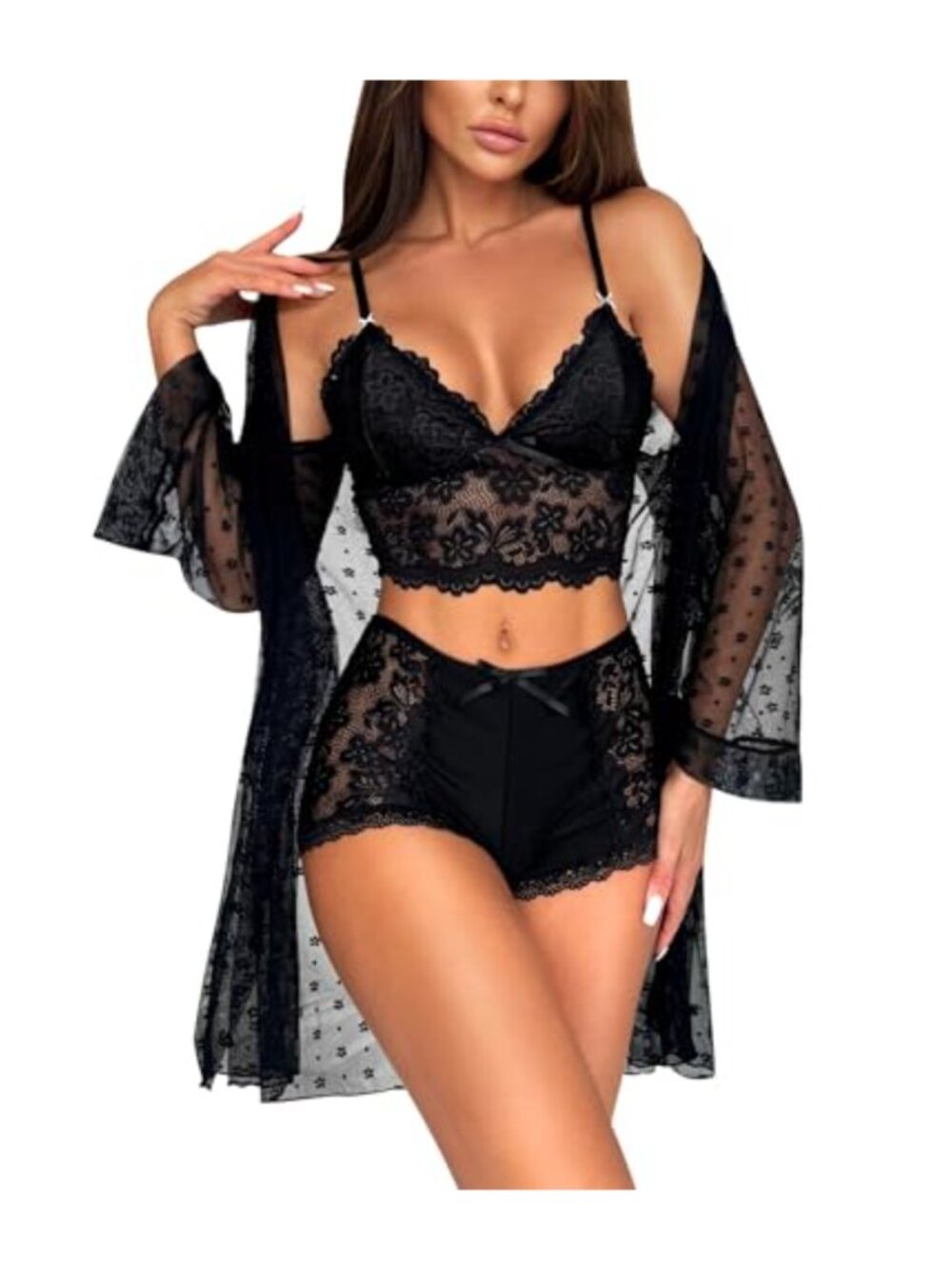 RSLOVE Sheer Lace Floral Robe Set with Bra Panty Babydoll Nightgown